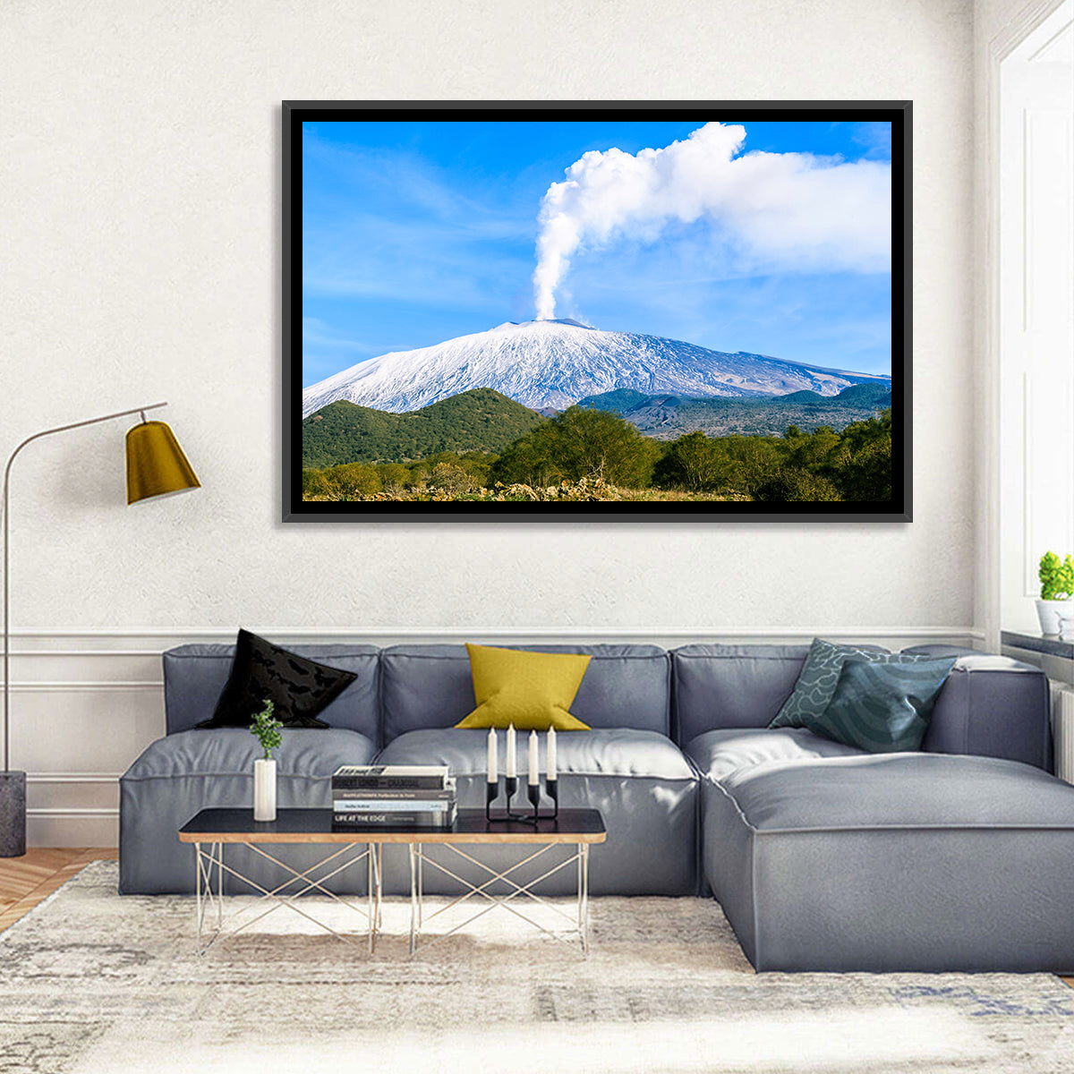 Snow-capped Mount Etna with Volcanic Plume Wall Art in a room, landscape