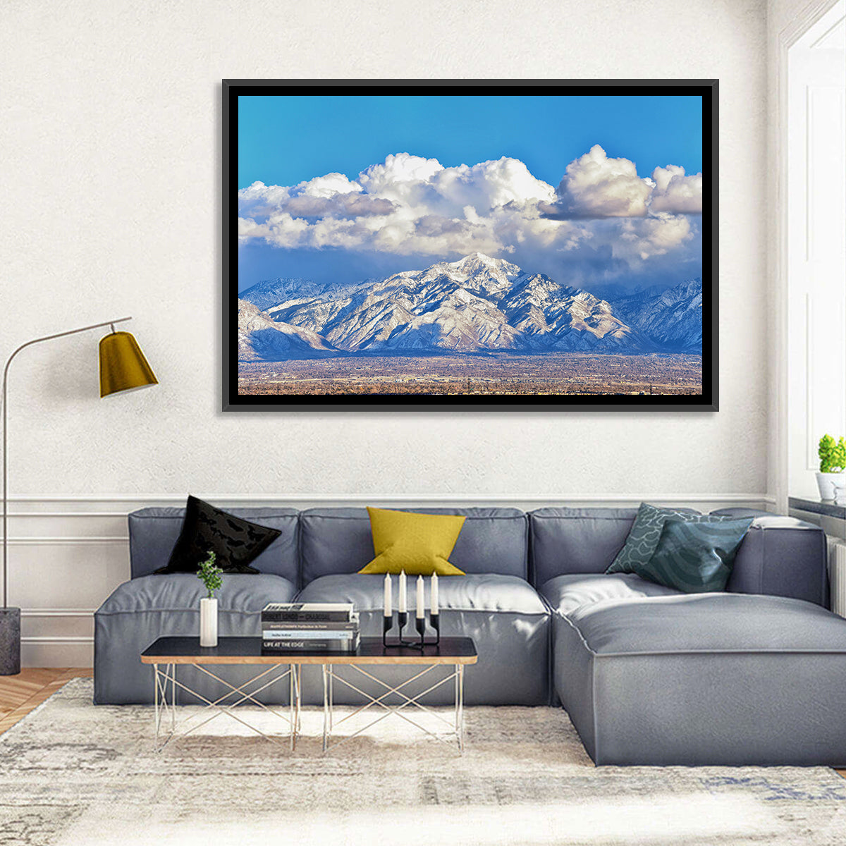 Wasatch Snow Capped Peaks Wall Art in a room, landscape