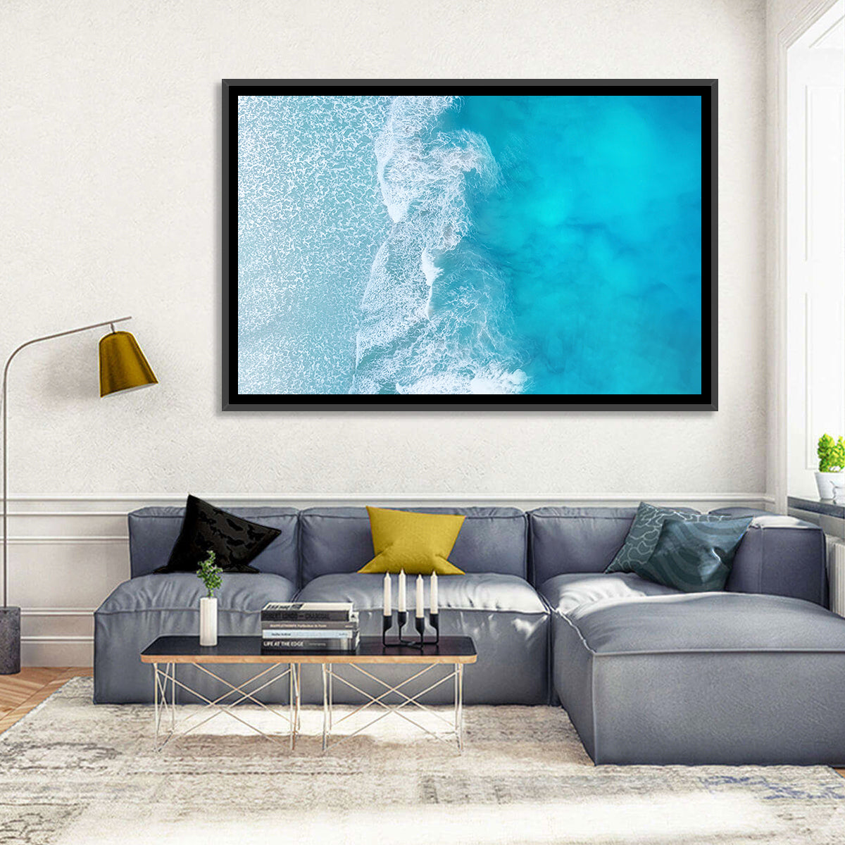 Turquoise Aerial Ocean Waves Wall Art in a room, landscape