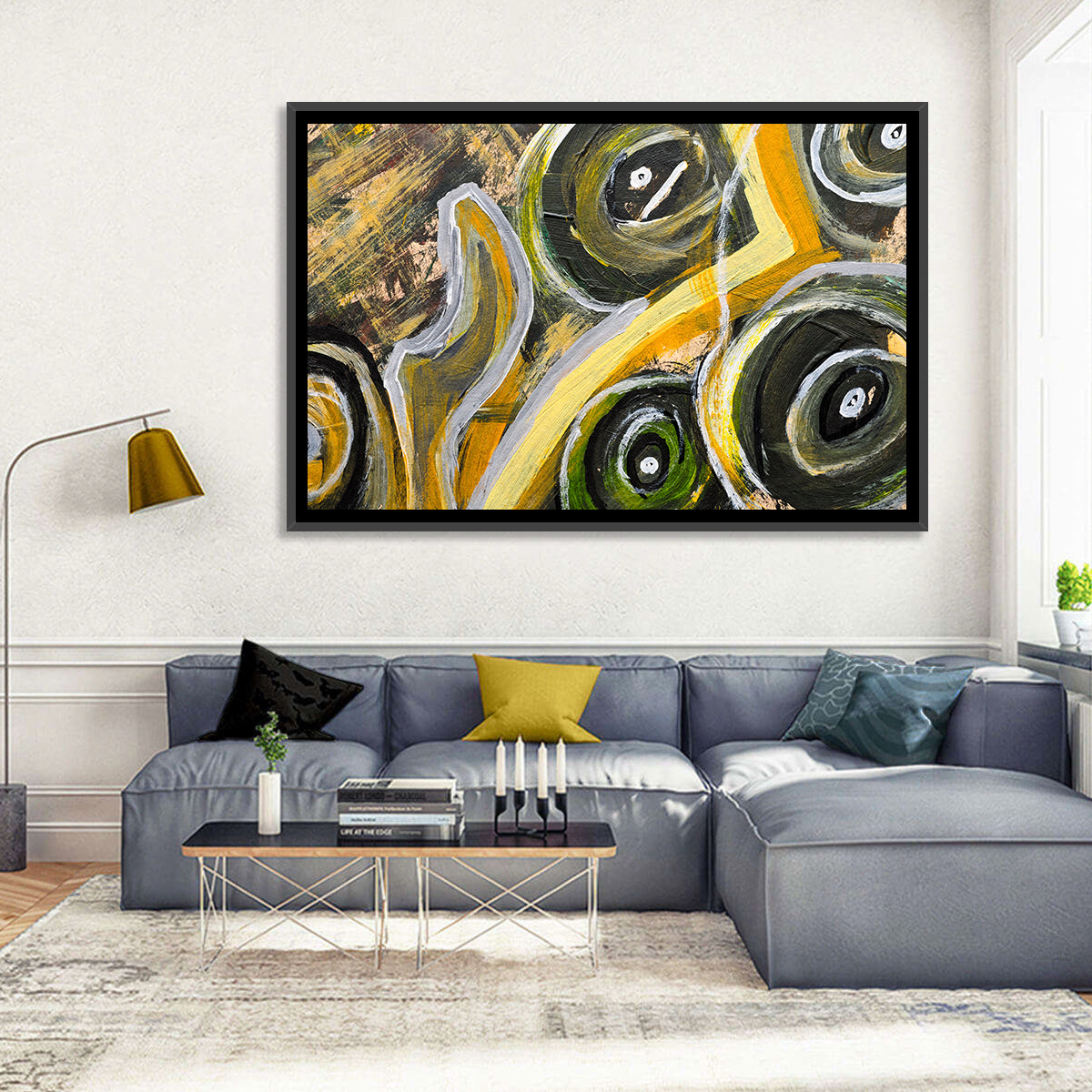 Impasto Swirl Circles in Yellow and Black Wall Art in a room, landscape