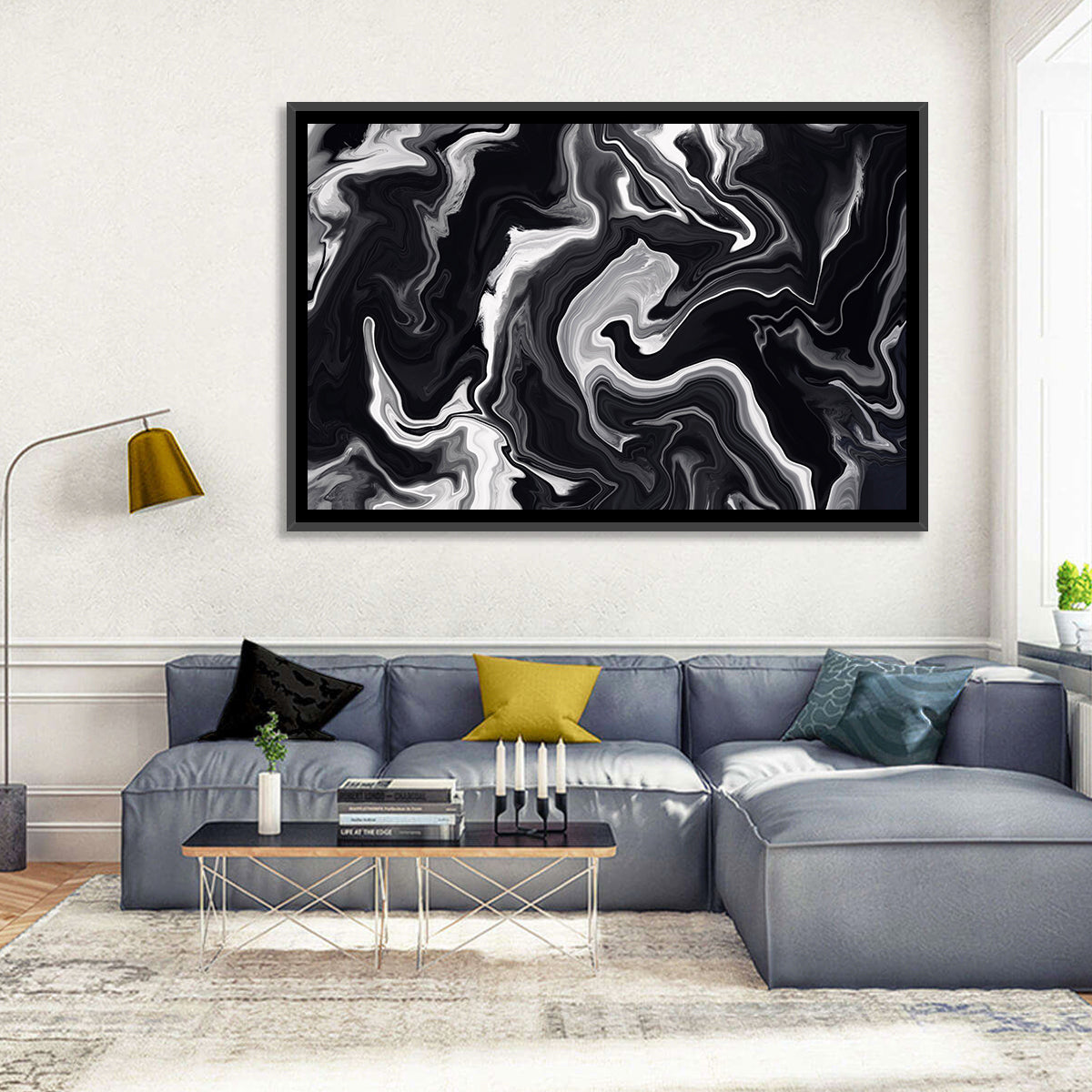 Flowing Black Marble Abstract Wall Art in a room, landscape
