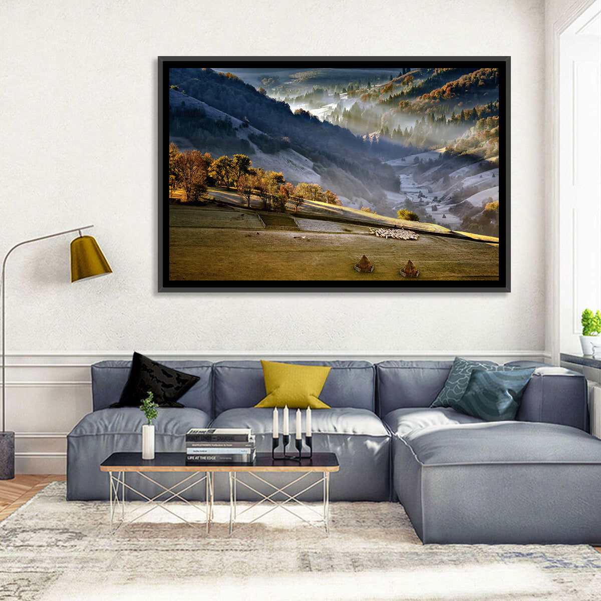 Mountain Village in Morning Mist Wall Art in a room, landscape