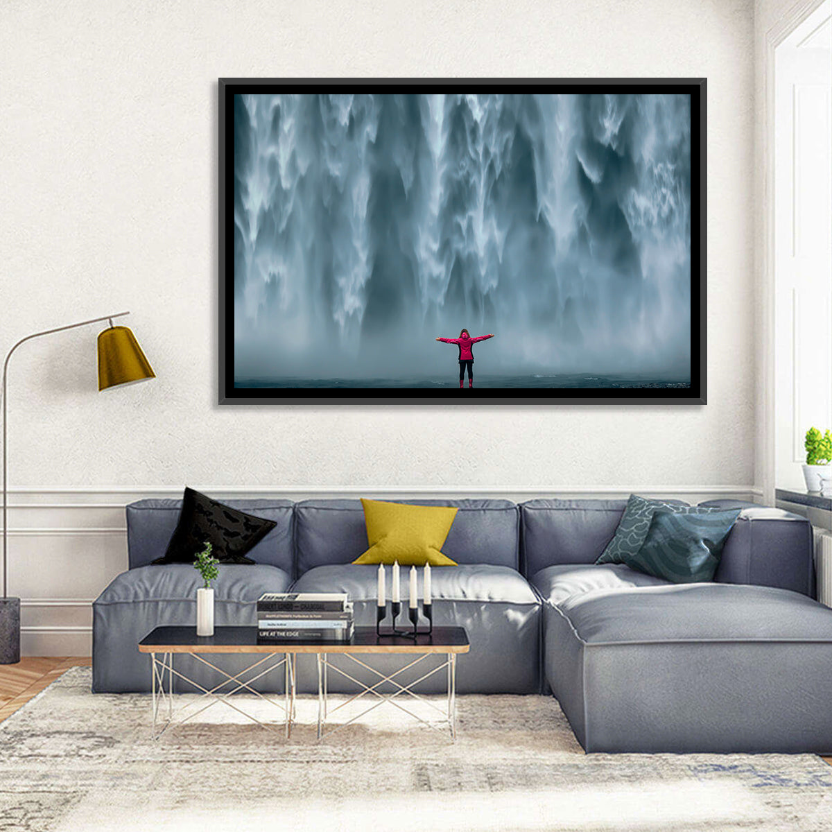 Skogafoss Waterfall with Figure in Pink Wall Art in a room, landscape