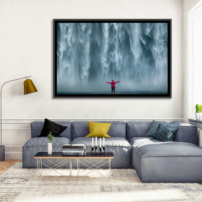 Skogafoss Waterfall with Figure in Pink Wall Art