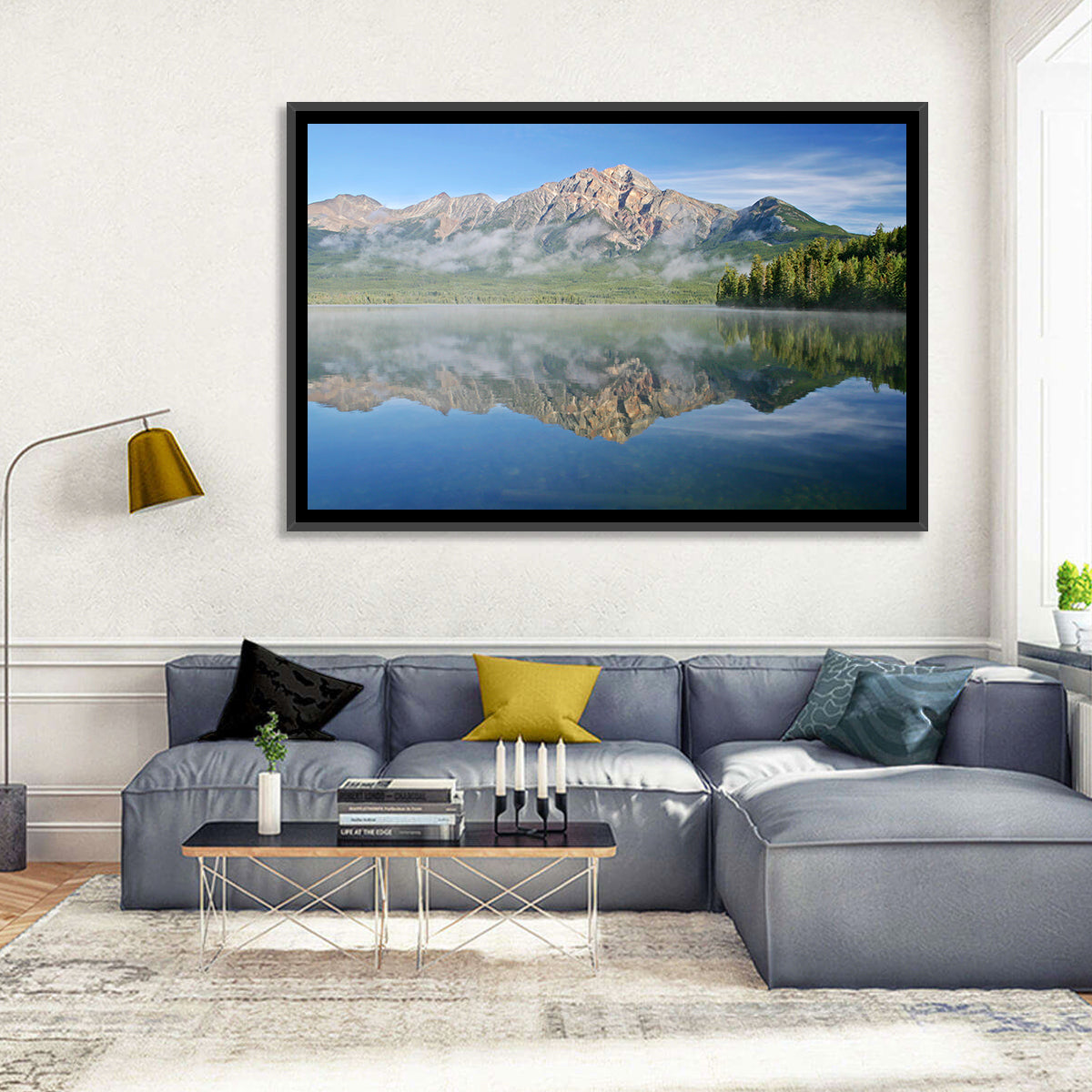 Pyramid Mountain Reflection Wall Art in a room, landscape