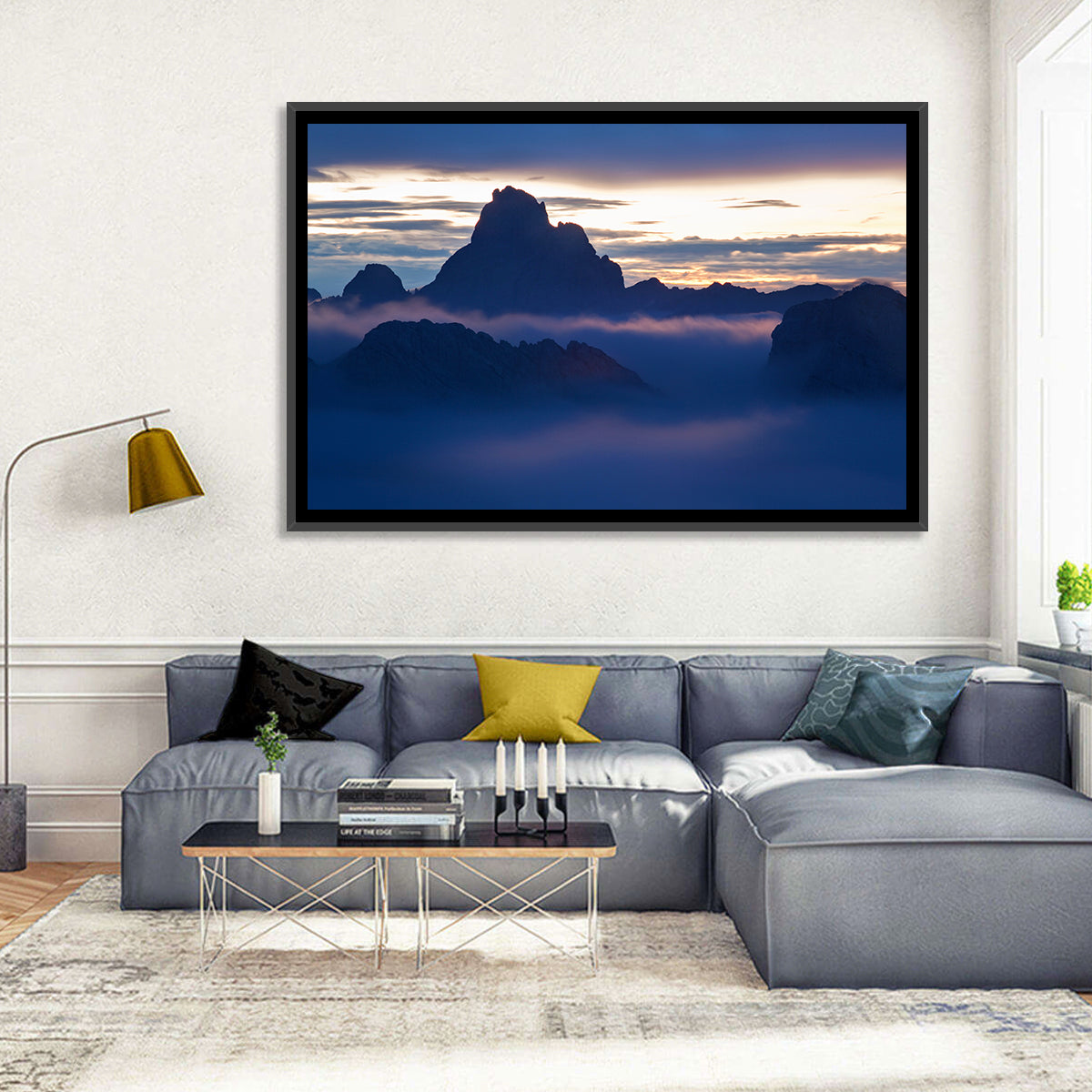 Dolomites Sunrise Silhouette Wall Art in a room, landscape