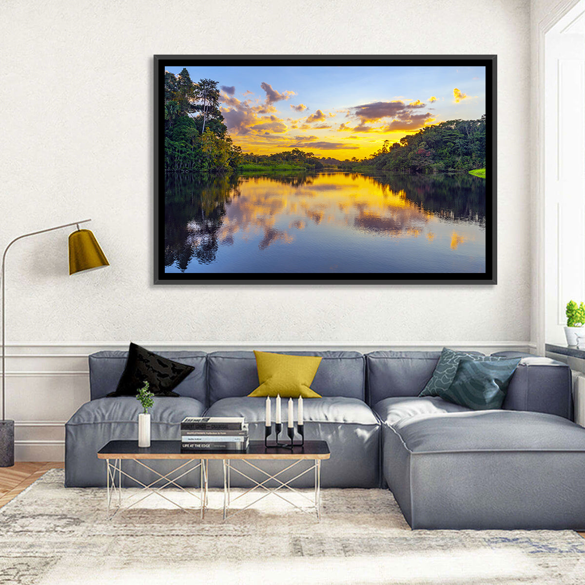 Amazon River Sunset Reflection Wall Art in a room, landscape