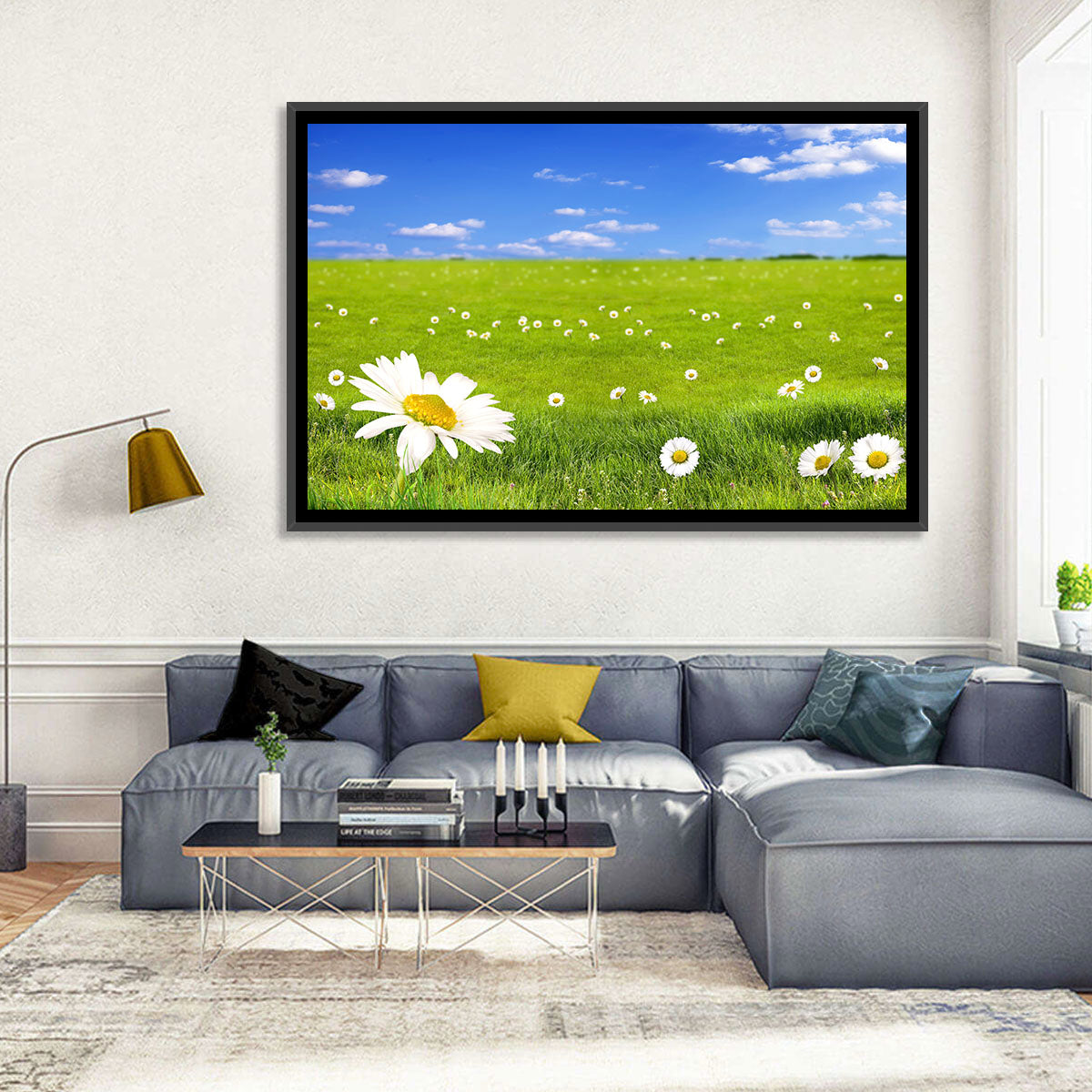 Spring Daisy Meadow Wall Art in a room, landscape