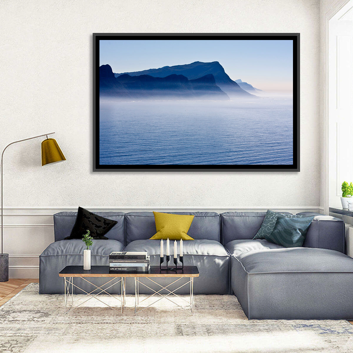 Misty Coastal Cliffs and Mountain Layers Wall Art in a room, landscape