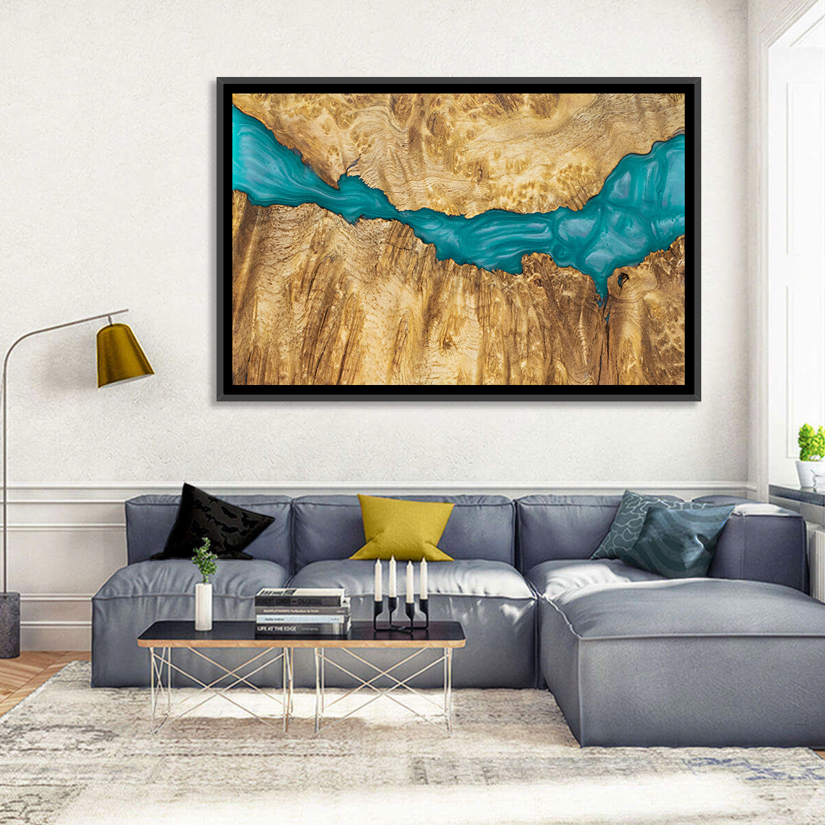 Burled Wood River with Teal Resin Wall Art