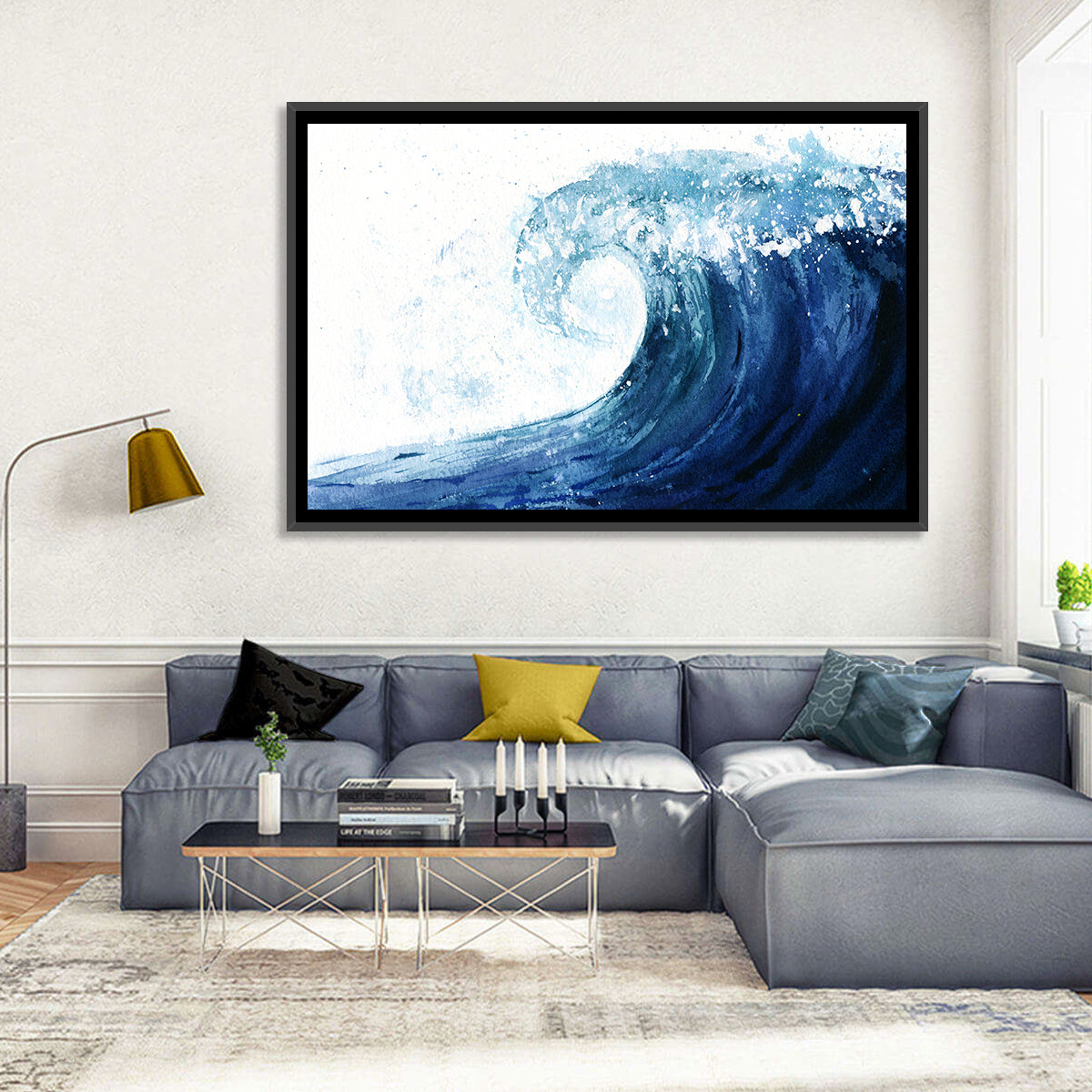 Watercolor Cresting Wave Wall Art in a room, landscape