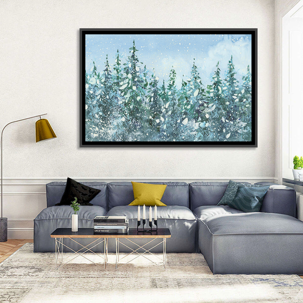 Snowy Spruce Forest Wall Art in a room, landscape