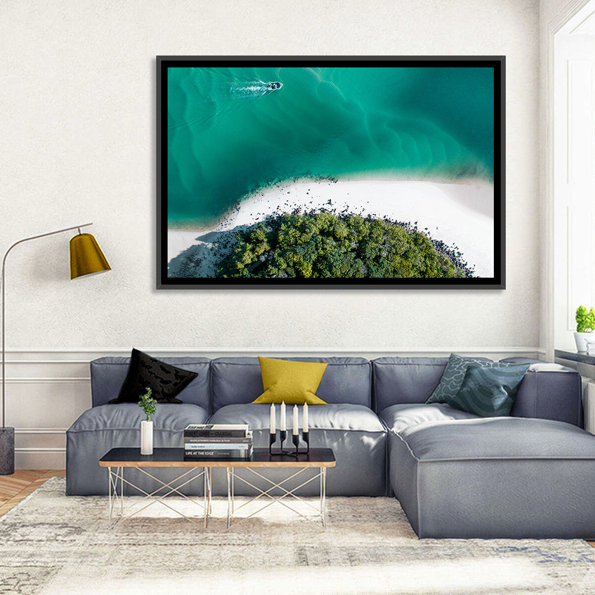 Clam Beach Aerial View Wall Art in a room, landscape