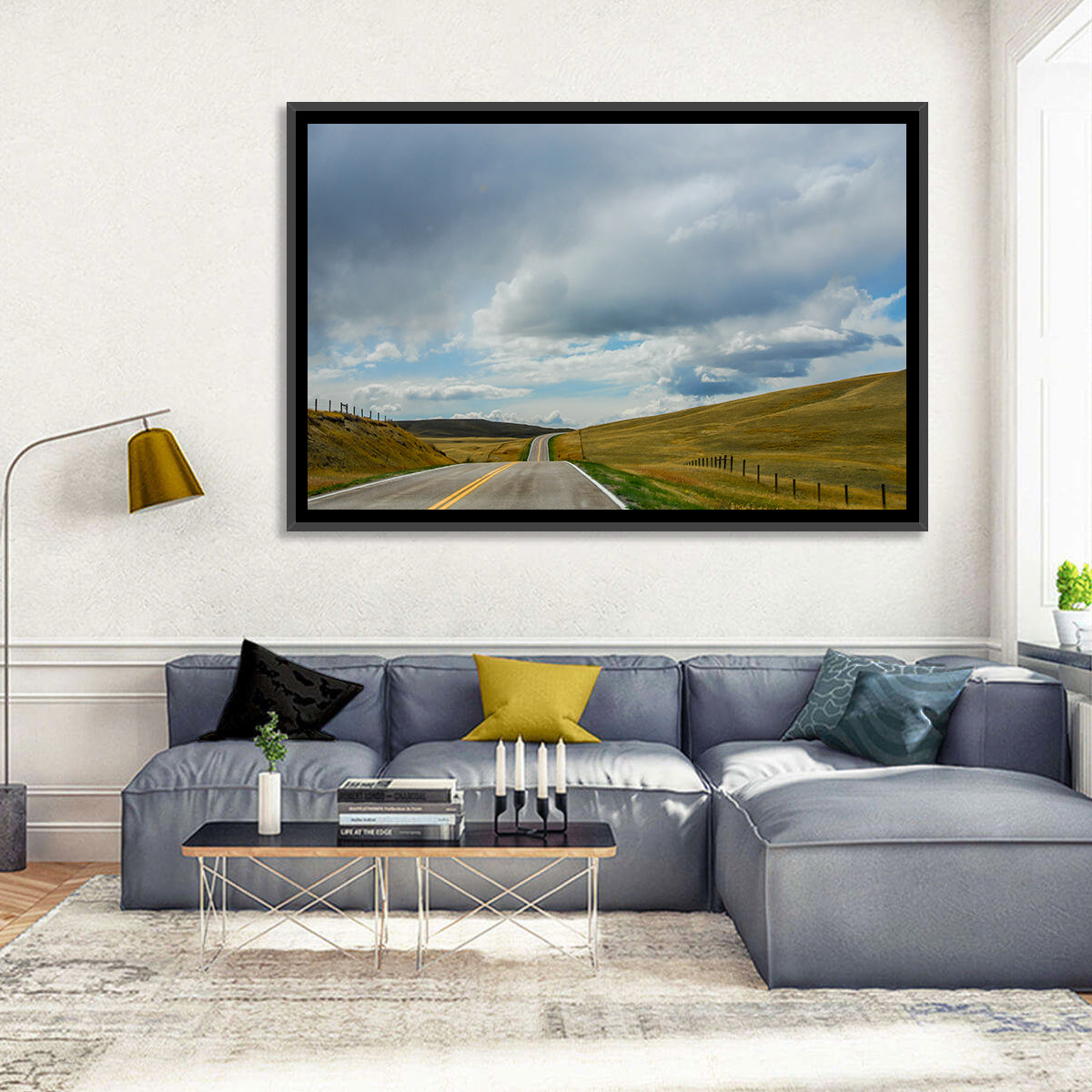 Montana Road Through Golden Hills Wall Art in a room, landscape
