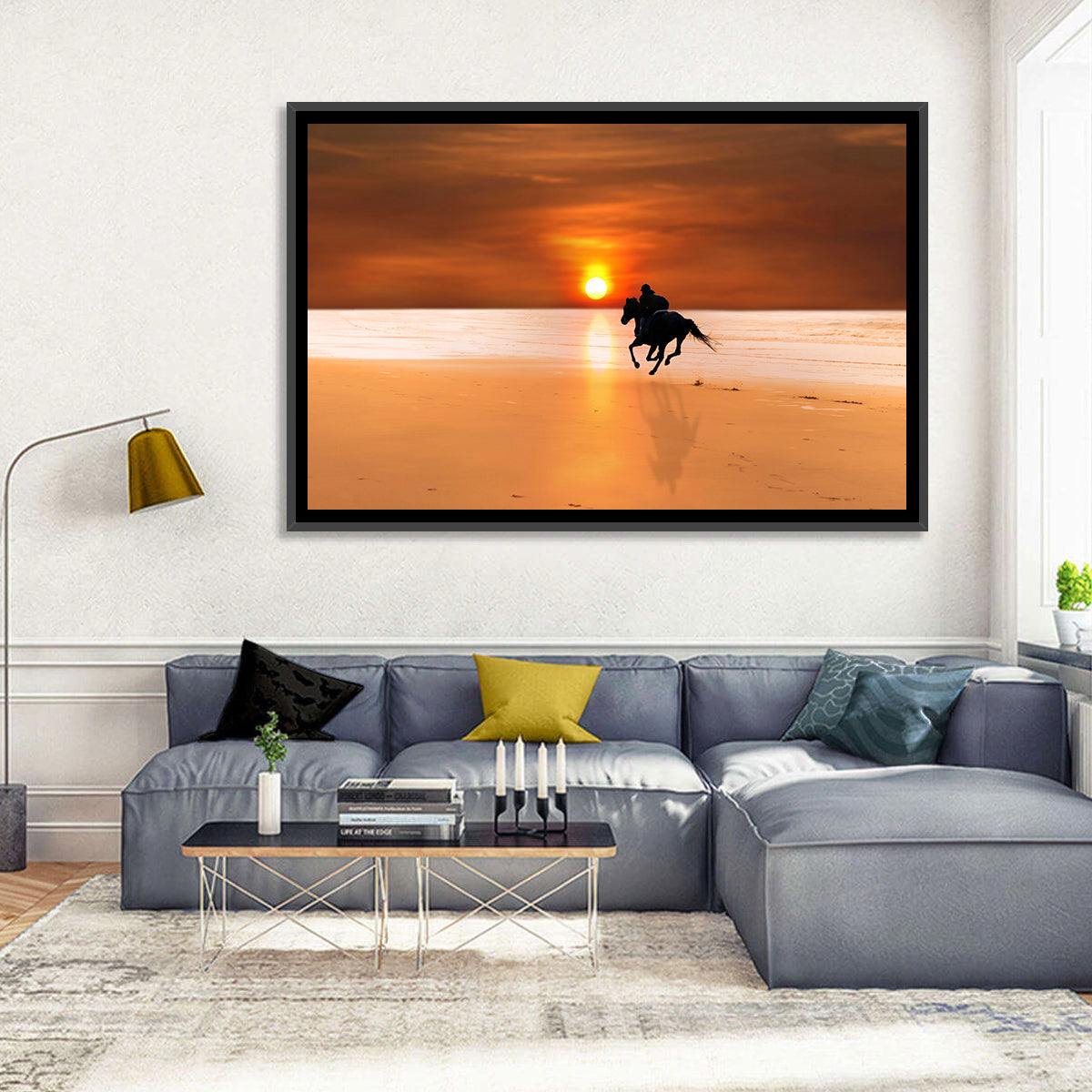 Horse and Rider at Sunset Wall Art in a room, landscape