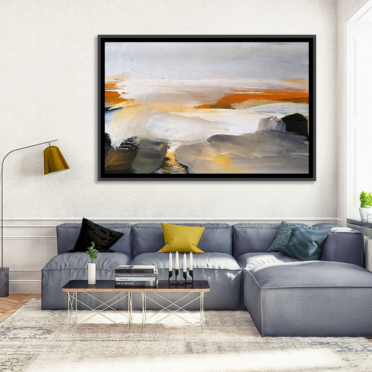 Misty Coastal Horizon Wall Art in a room, landscape