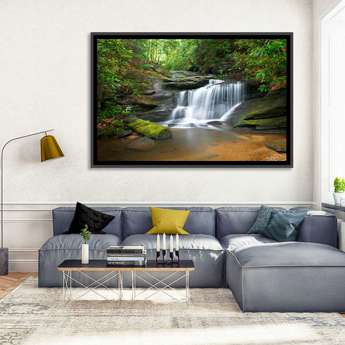 Blue Ridge Mossy Waterfall Wall Art in a room, landscape