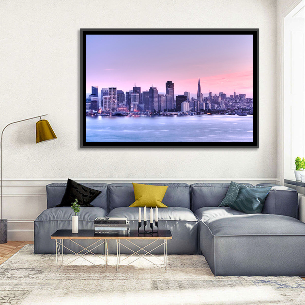 San Francisco Skyline at Lavender Dusk Wall Art in a room, landscape