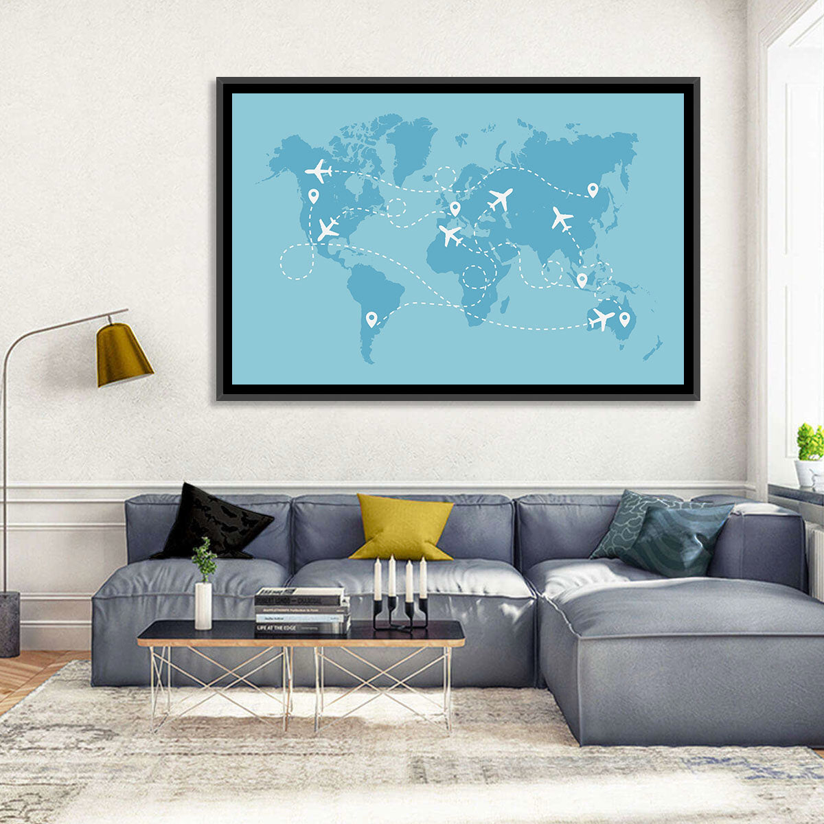 World Flight Routes Map Wall Art in a room, landscape