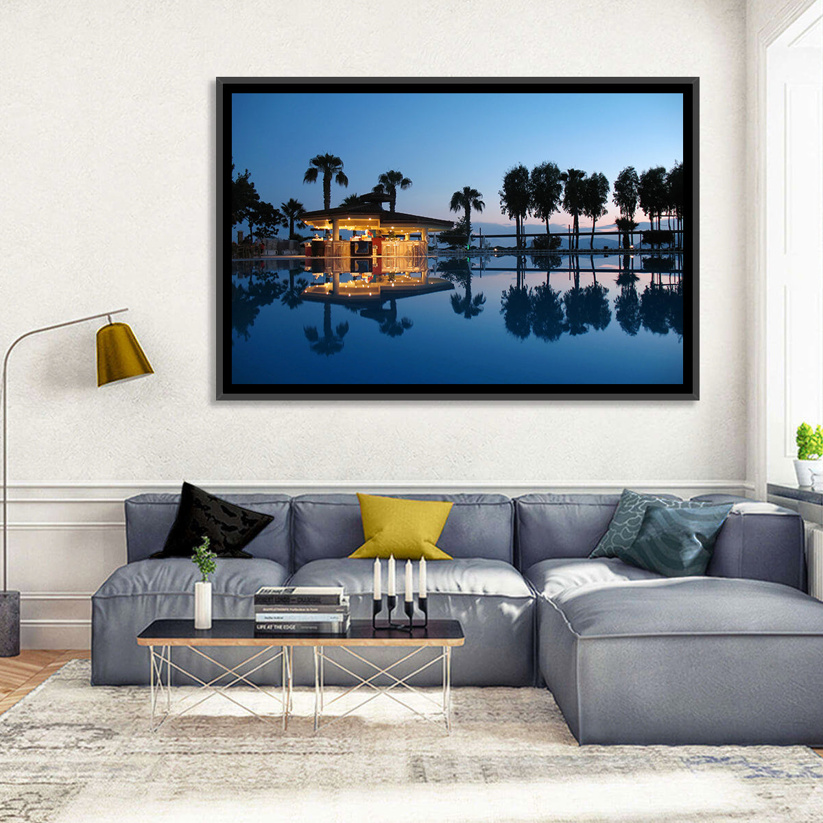 Twilight Poolside Bar Wall Art in a room, landscape