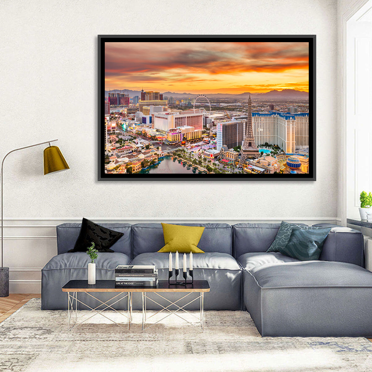 Las Vegas Strip Sunset Cityscape Wall Art in a room, landscape