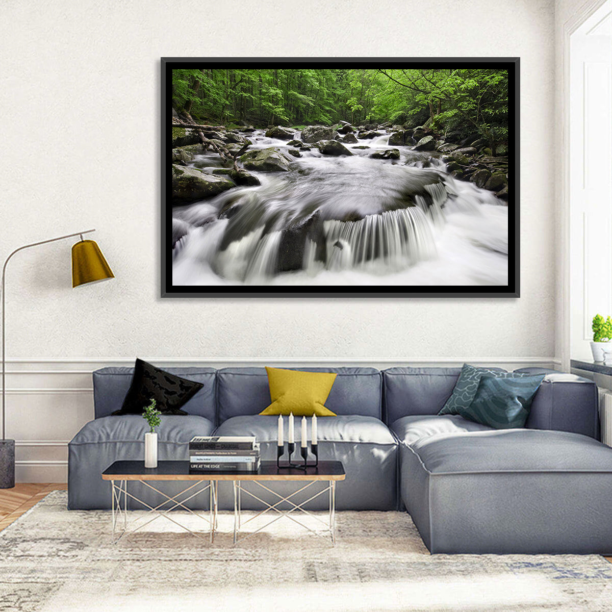Smoky Mountains Cascading Stream Wall Art in a room, landscape