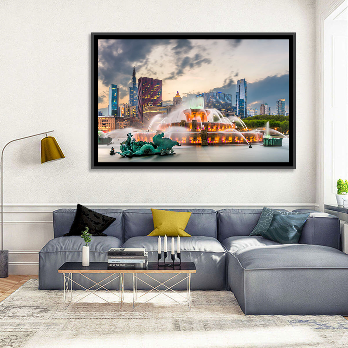 Buckingham Fountain and Chicago Skyline Wall Art in a room, landscape