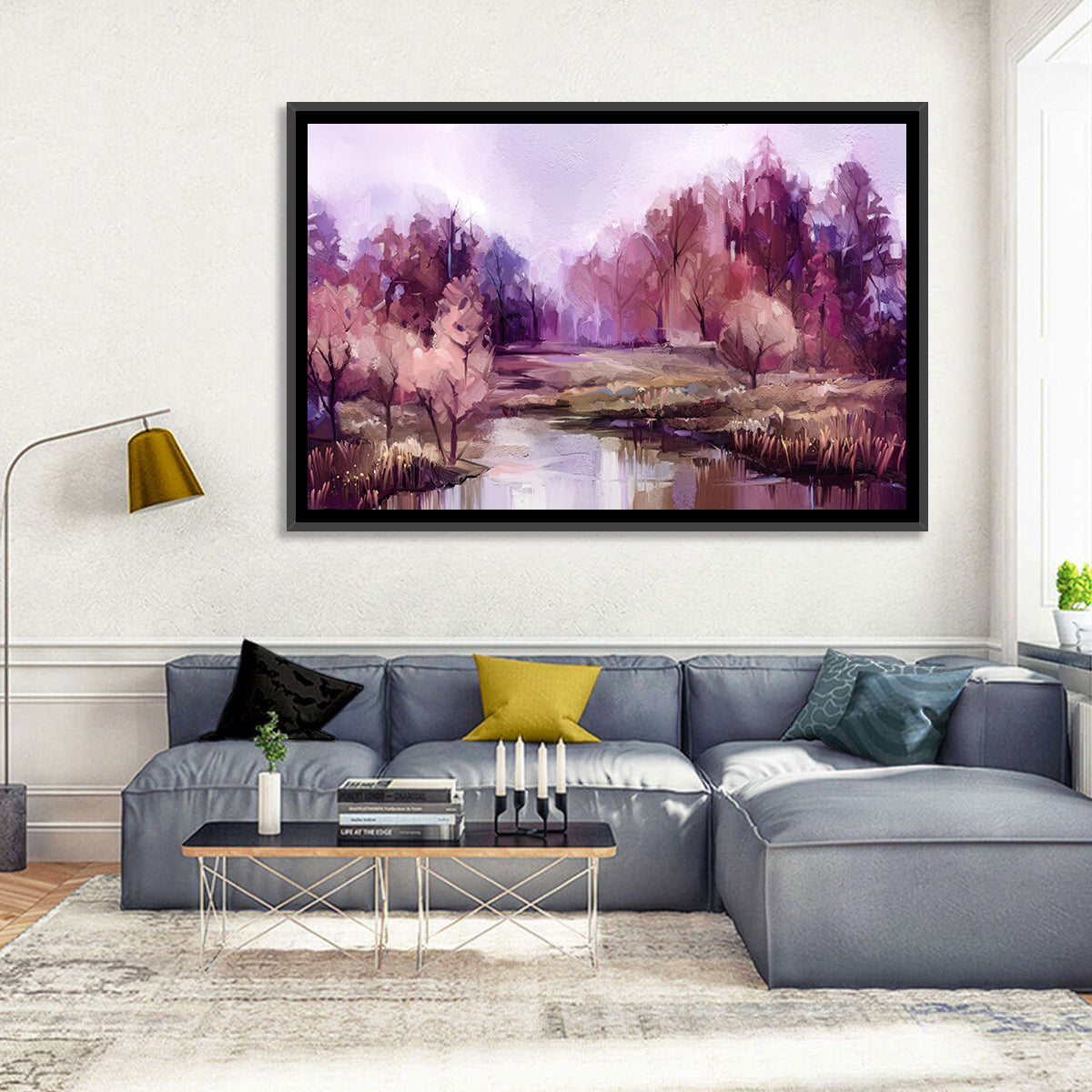 Lavender Autumn Forest Watercolor Wall Art in a room, landscape