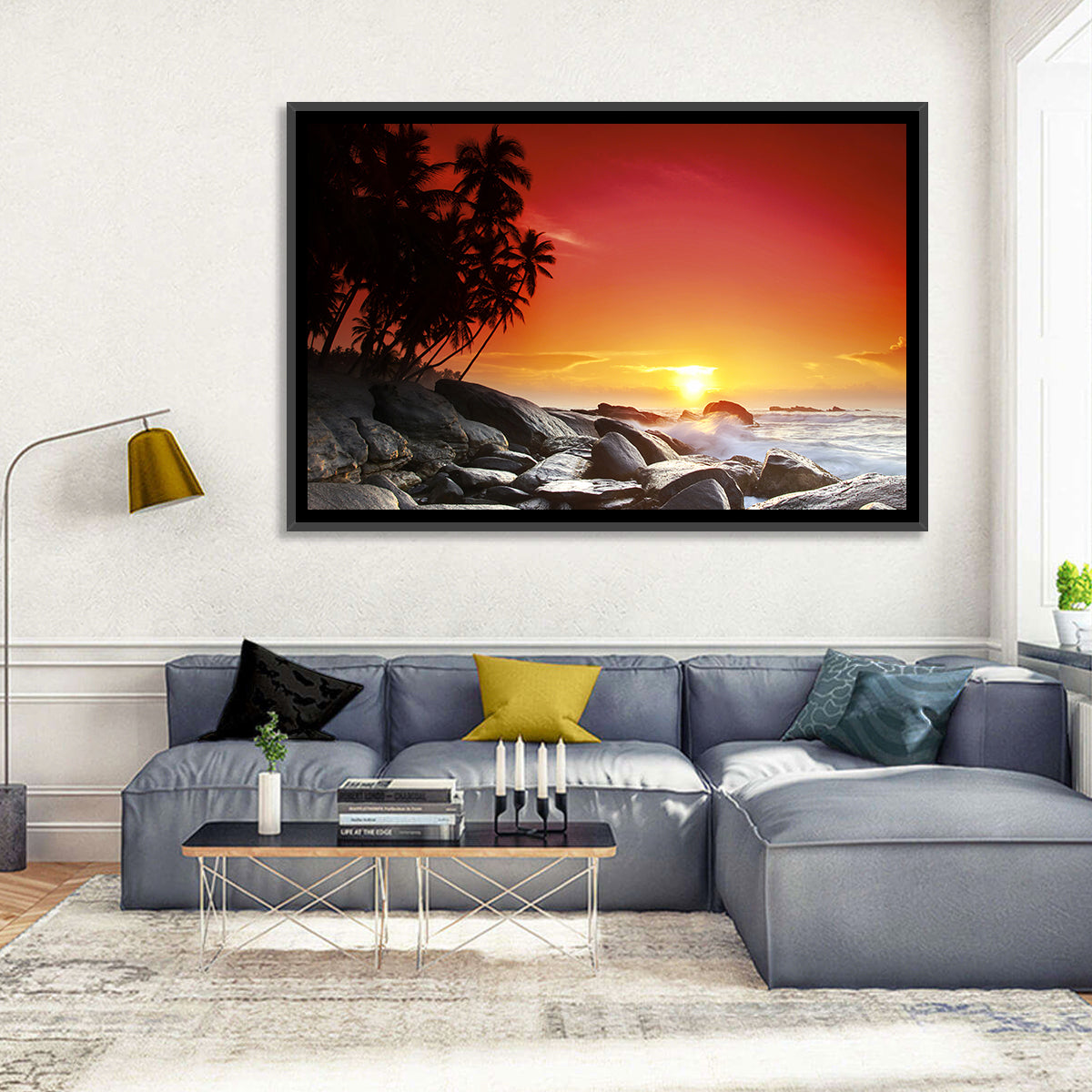 Tropical Island Sunset Wall Art in a room, landscape