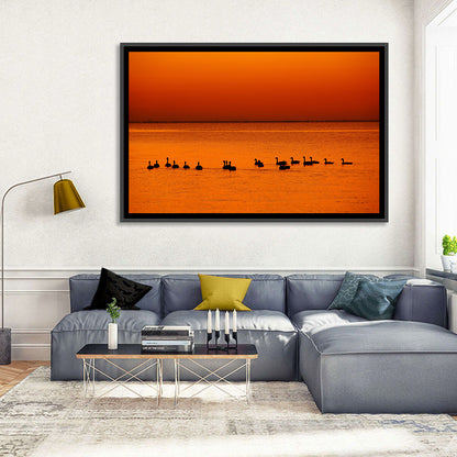 Geese Silhouettes at Orange Sunset Wall Art