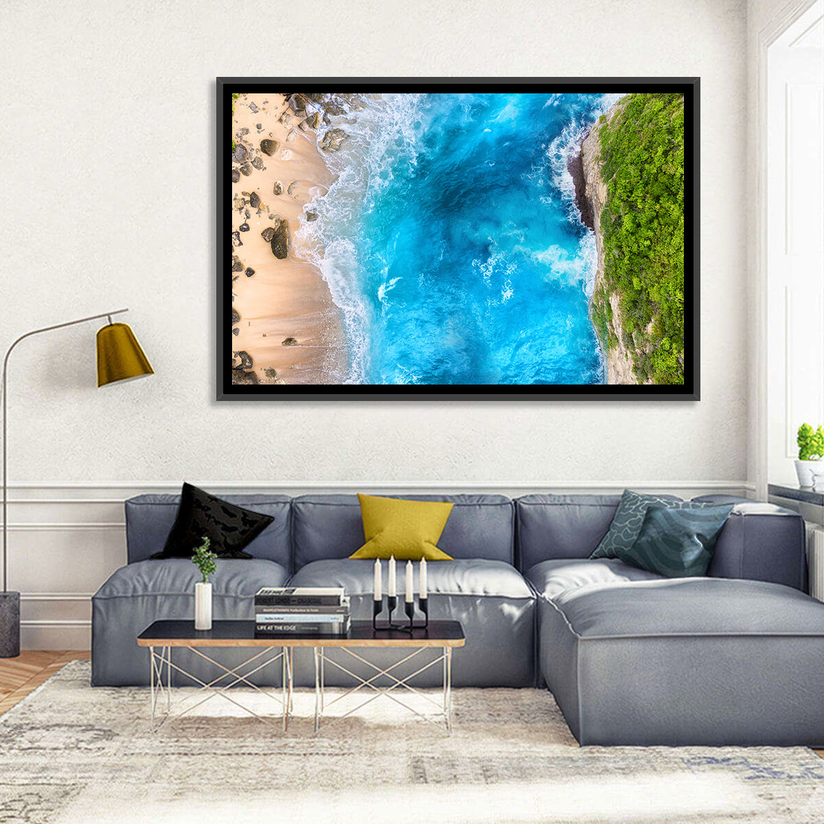 Aerial Turquoise Beach Cliffs Wall Art in a room, landscape