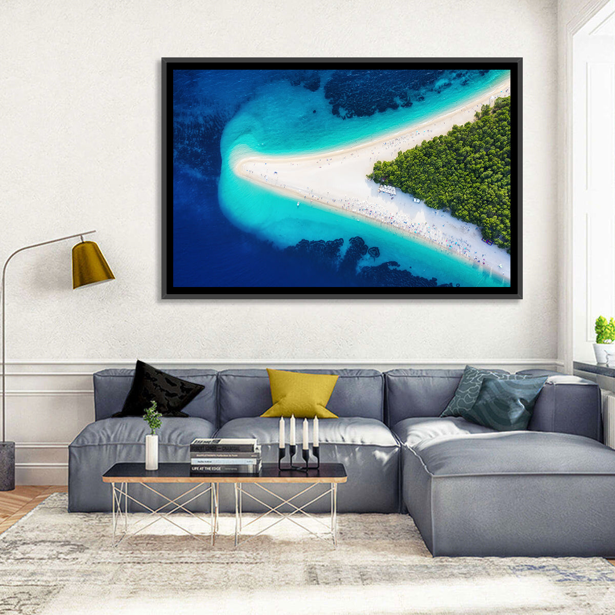 Zlatni Rat Beach Aerial Coast Wall Art in a room, landscape