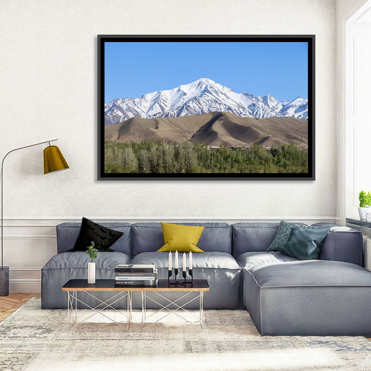 Afghan Snow-capped Peaks Above Forested Foothills Wall Art in a room, landscape