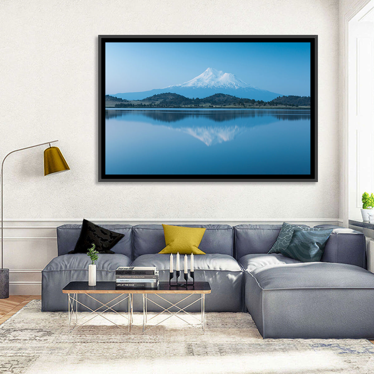 Snowy Mount Shasta Wall Art in a room, landscape