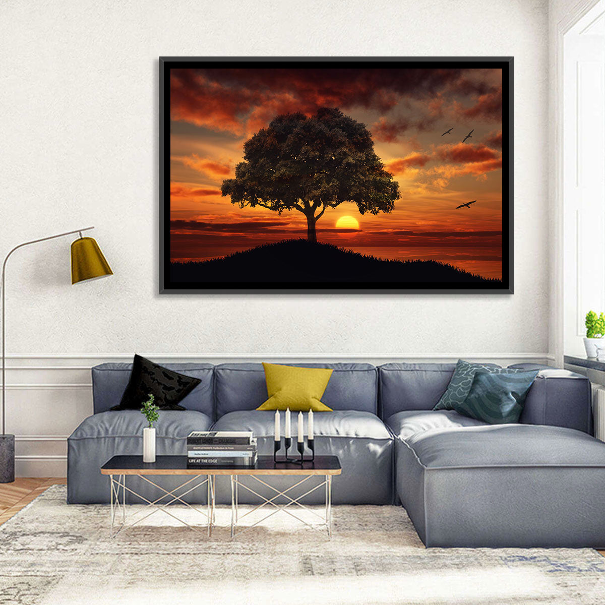 Lone Tree at Sunset with Birds Wall Art in a room, landscape