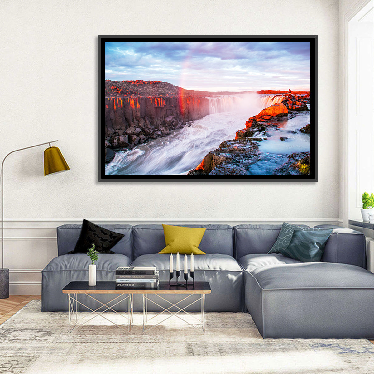 Golden Hour Selfoss Falls Rainbow Wall Art in a room, landscape