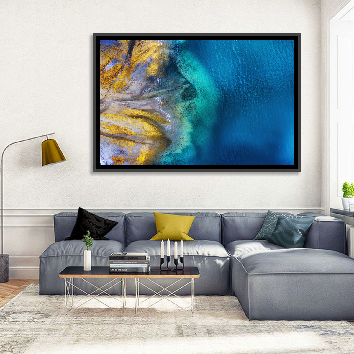 Golden Coast Abstract Wall Art in a room, landscape