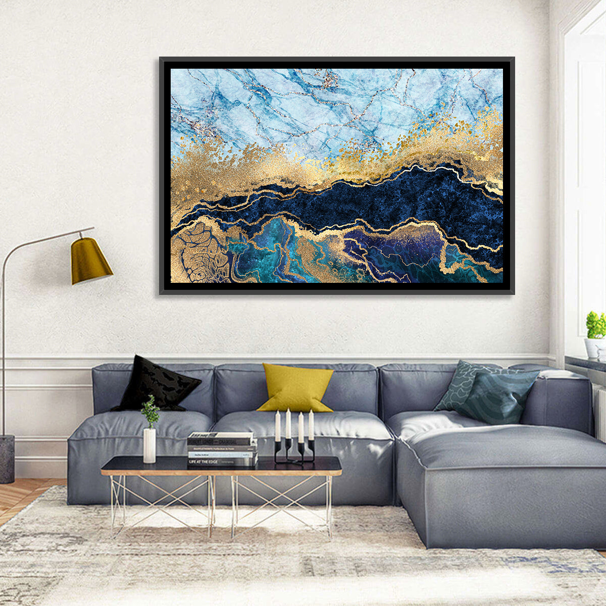 Blue Marble with Gold Veins Wall Art in a room, landscape