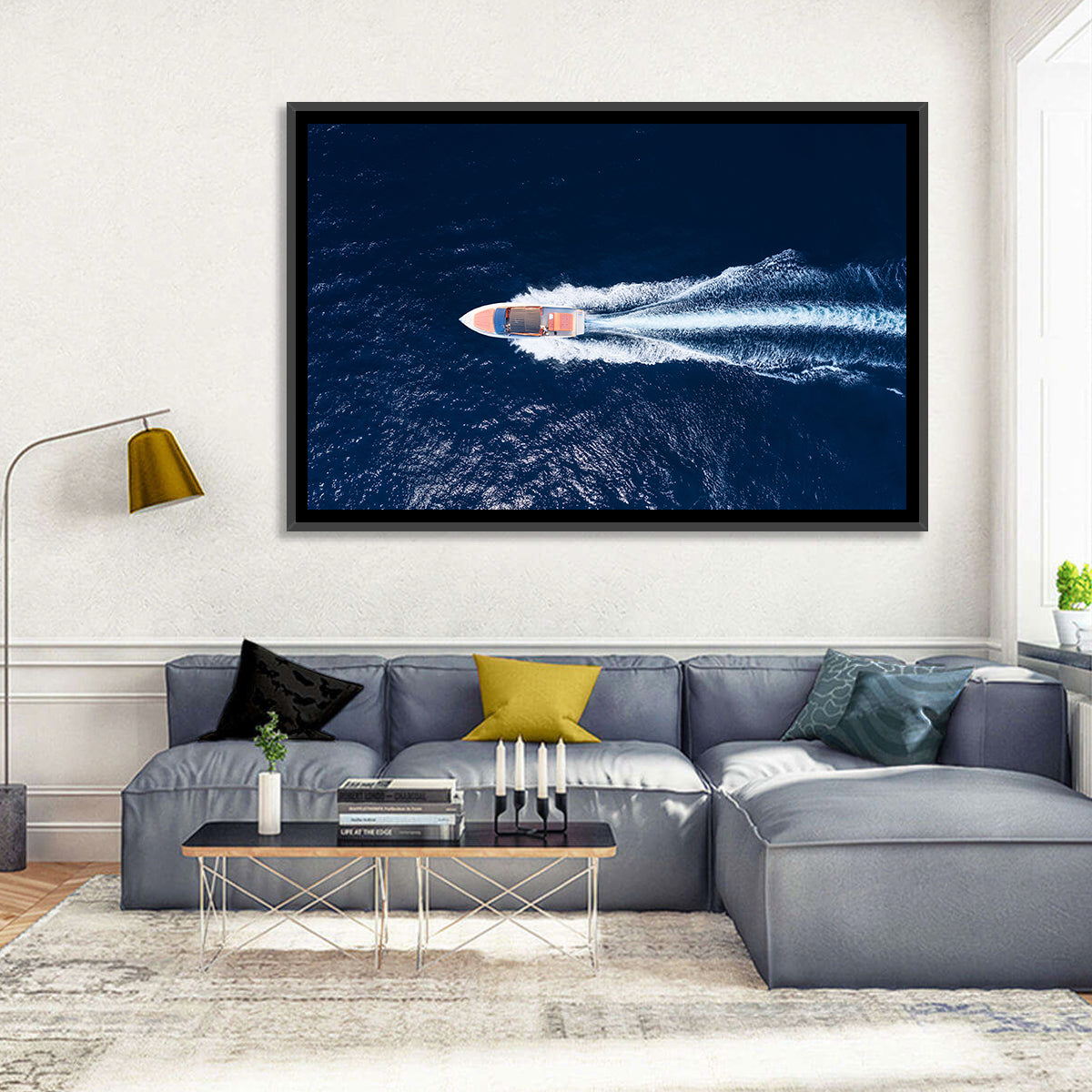 Sleek Speedboat Over Navy Sea Wall Art in a room, landscape