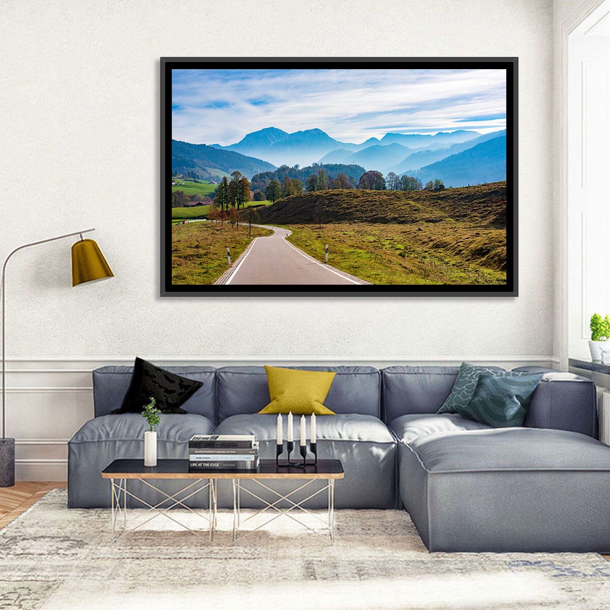 Bavarian Mountain Valley Wall Art in a room, landscape