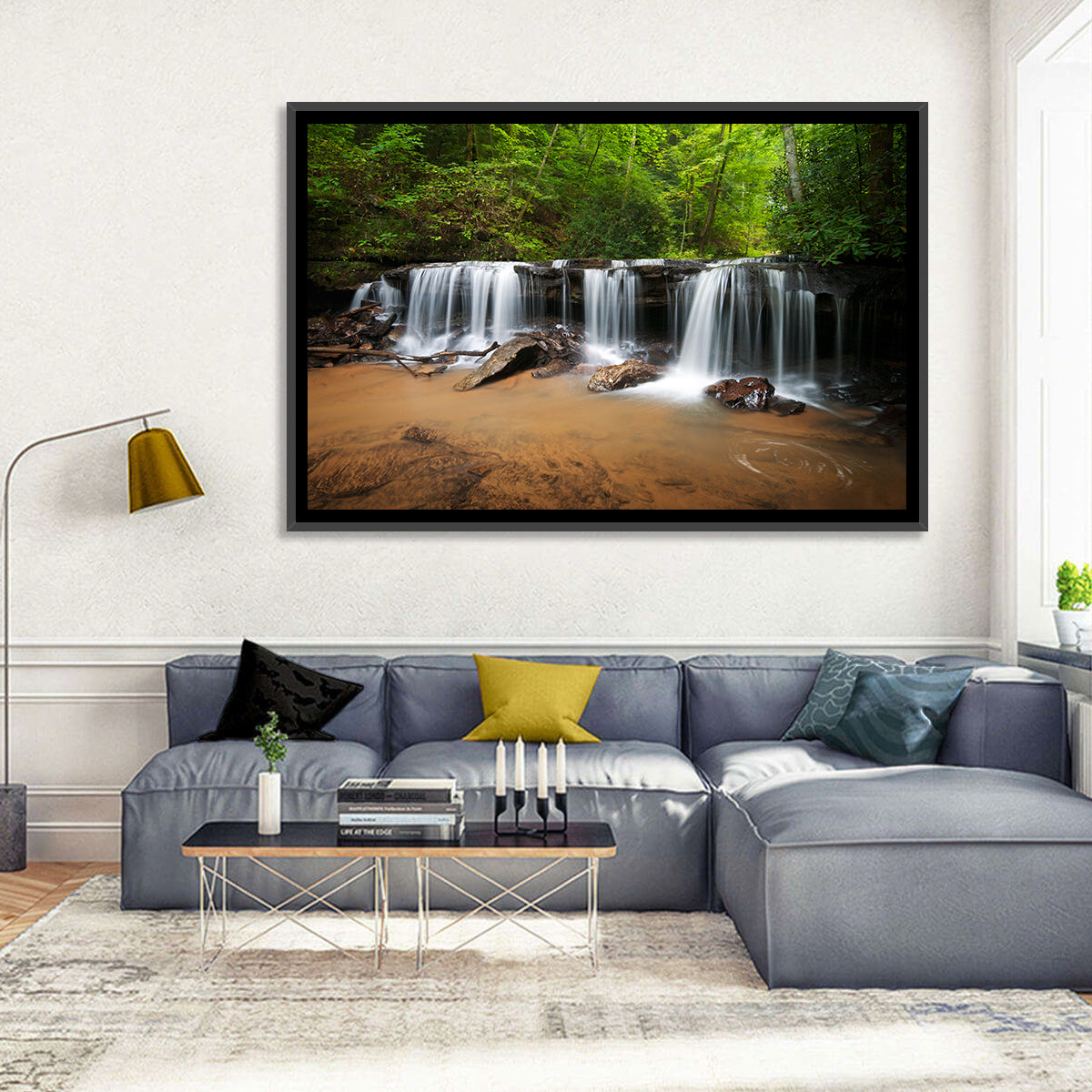 Lush Green Forest Waterfall Wall Art in a room, landscape