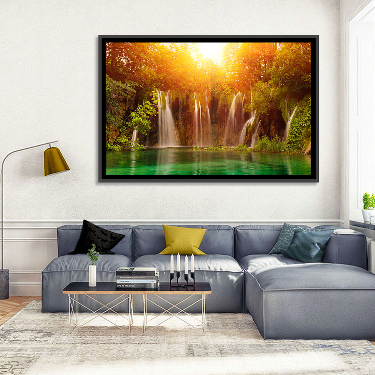 Plitvice Lakes Waterfalls Wall Art in a room, landscape