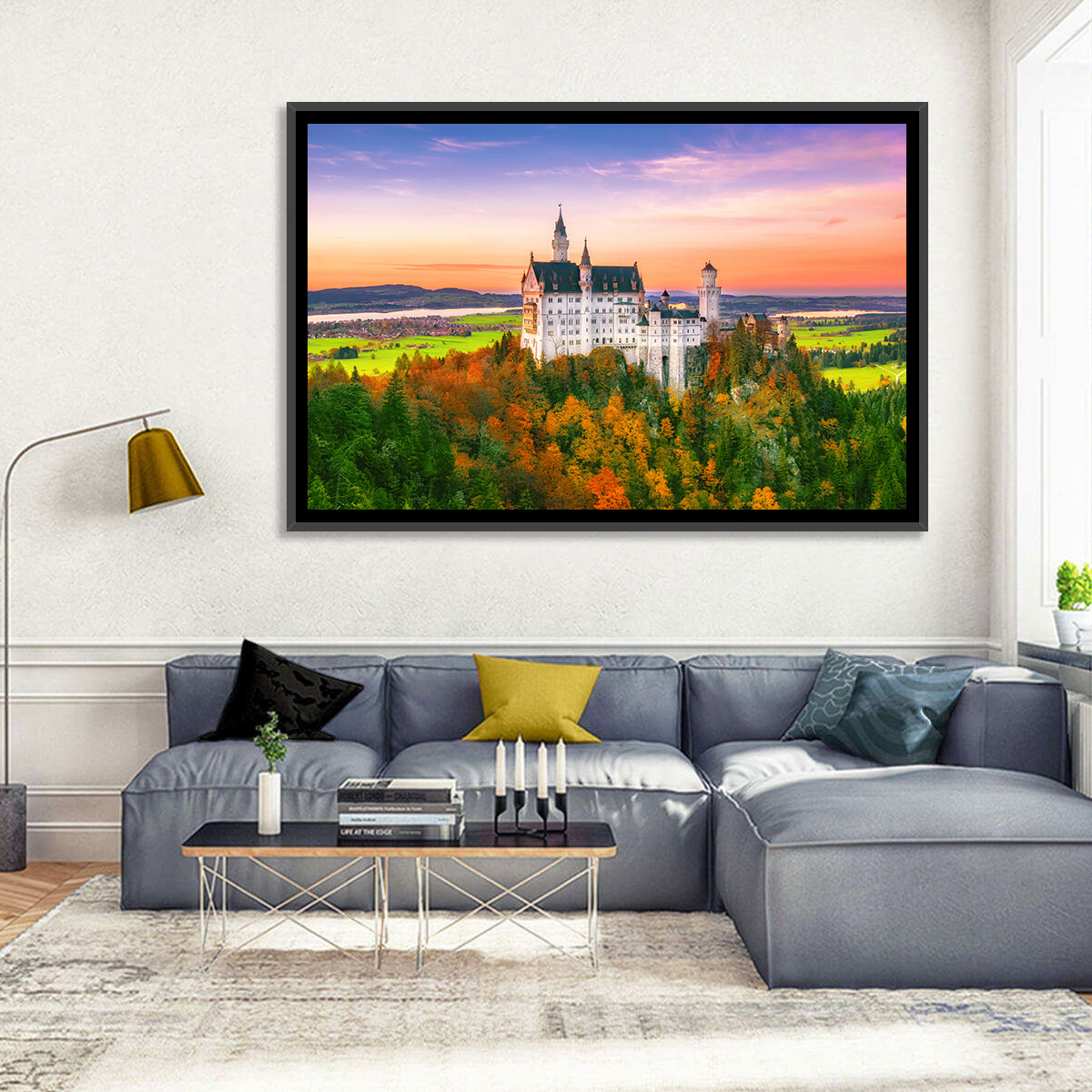 Neuschwanstein Castle at Autumn Sunset Wall Art in a room, landscape