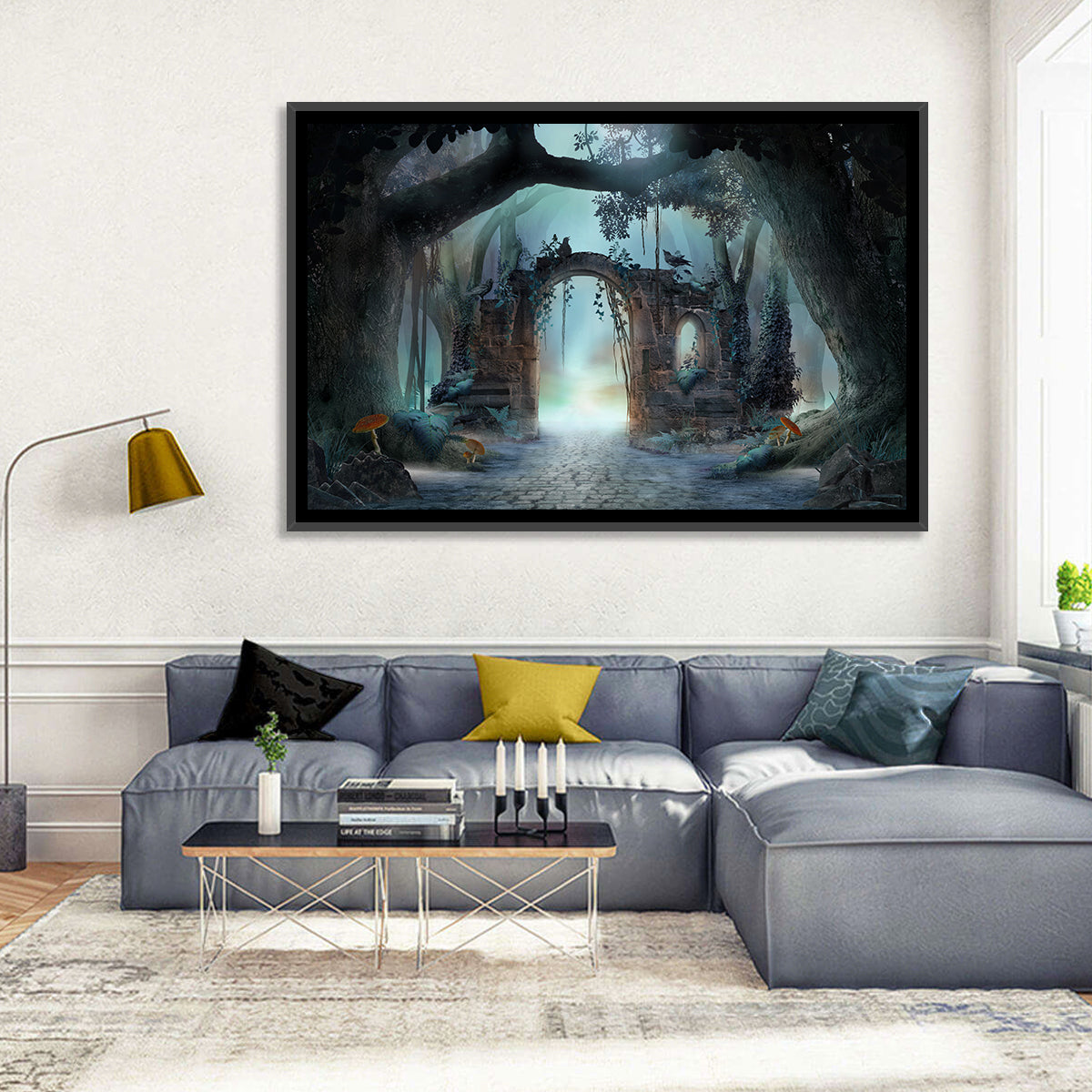 Enchanted Foggy Forest Wall Art in a room, landscape