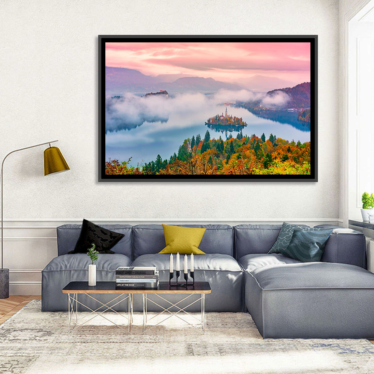 Misty Morning Over Lake Bled Wall Art in a room, landscape