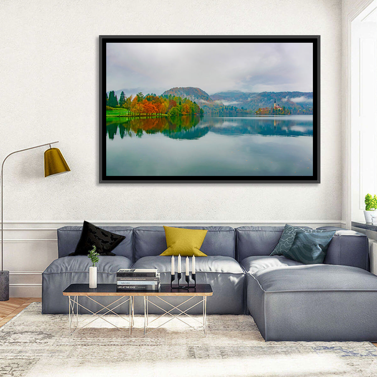 Lake Bled Island Church Wall Art in a room, landscape
