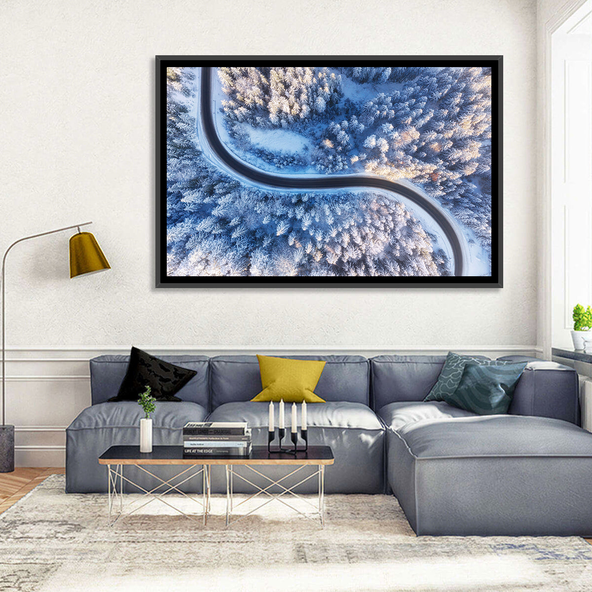 Snowy Forest Road at Golden Hour Wall Art in a room, landscape