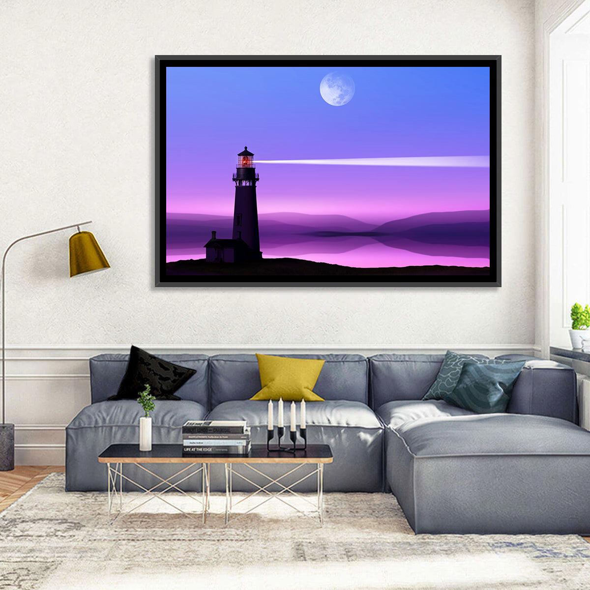 Moonlit Lighthouse Reflection Wall Art in a room, landscape