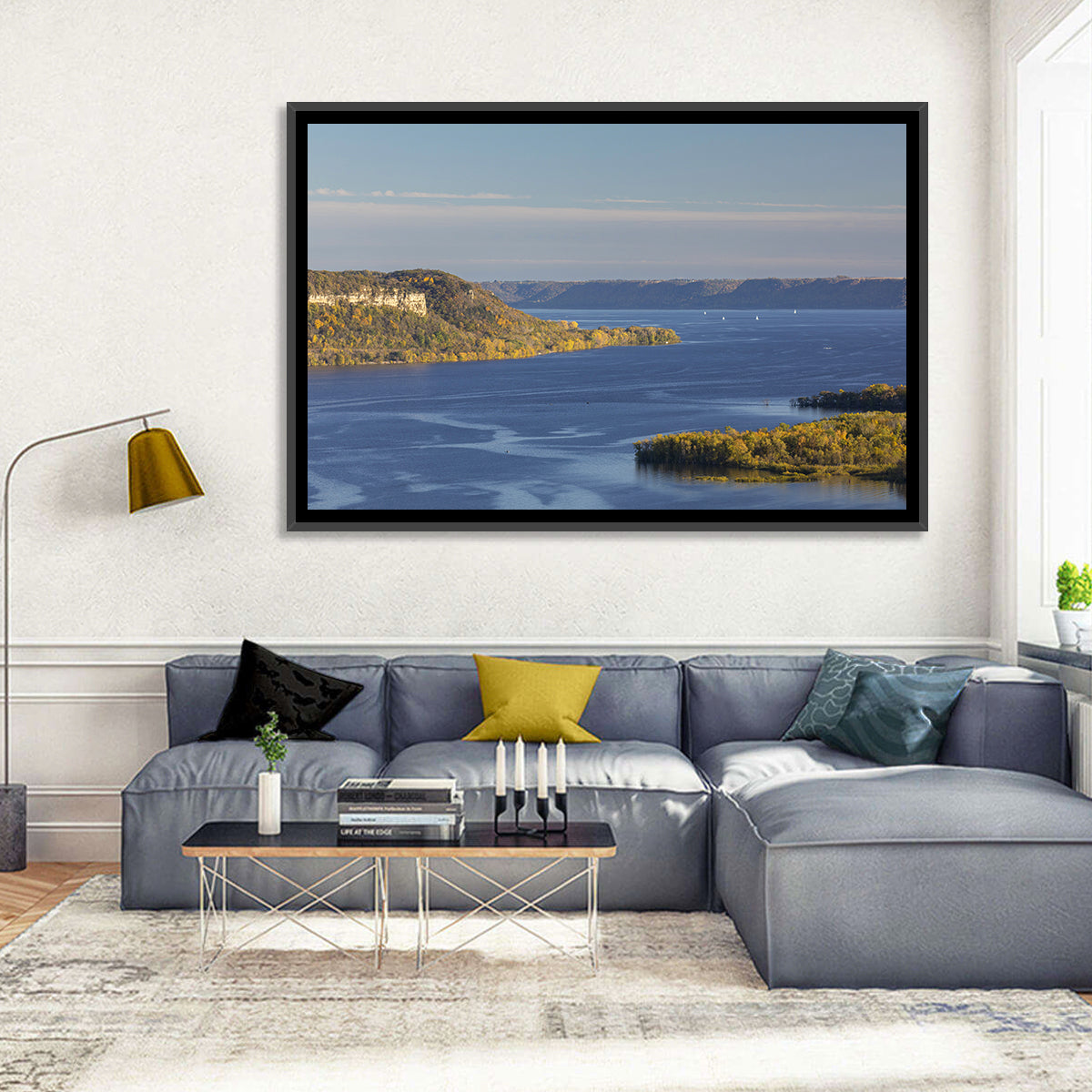 Mississippi River Autumn Panorama Wall Art in a room, landscape