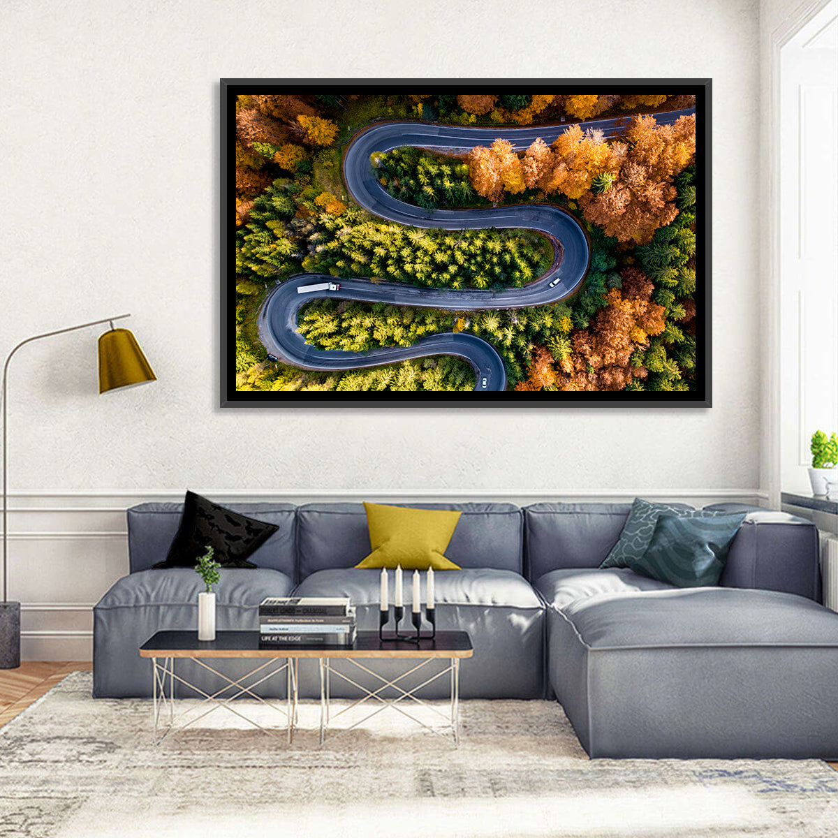 Serpentine Forest Road Wall Art in a room, landscape